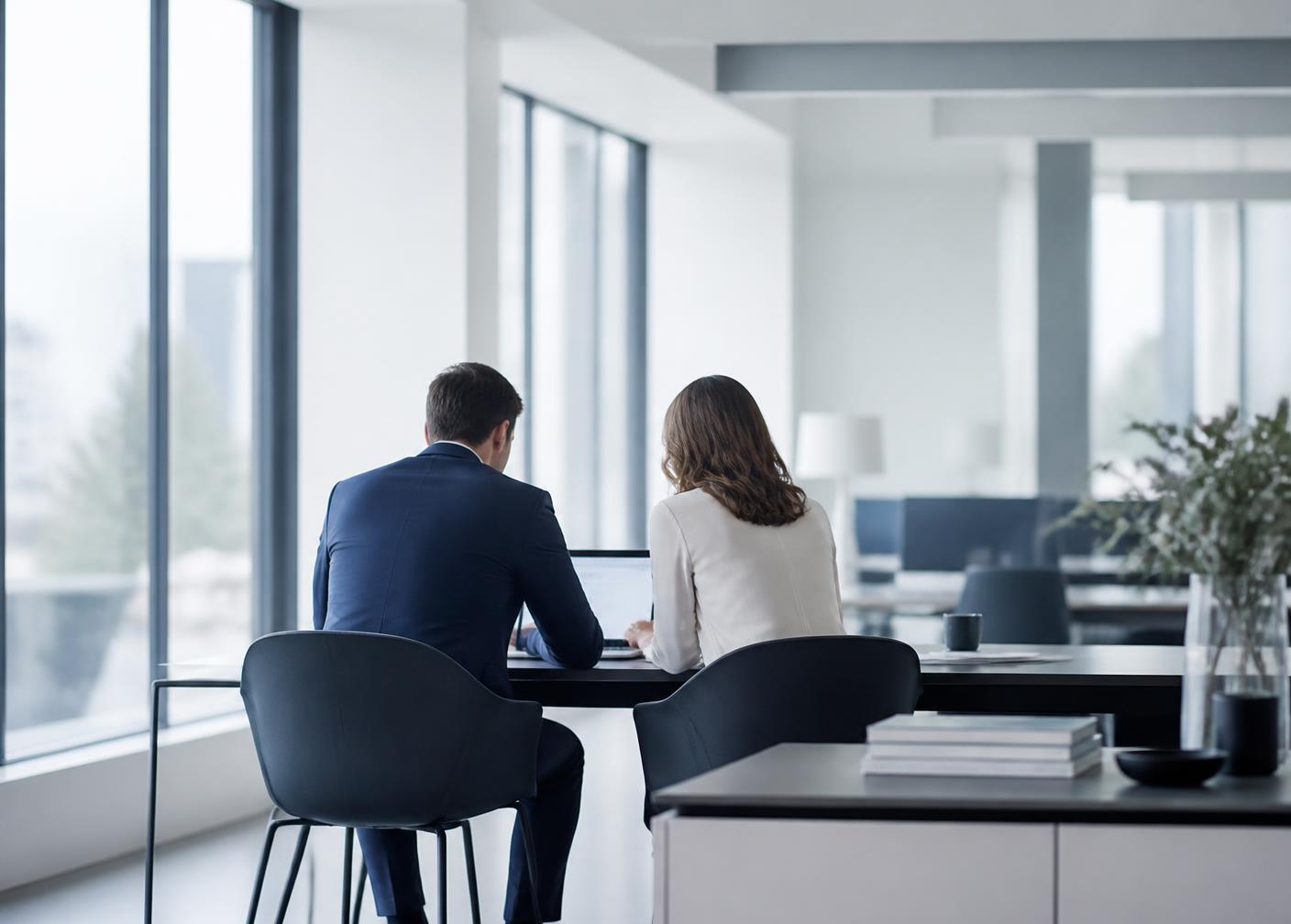 Two professionals reviewing account activity in a bright modern office